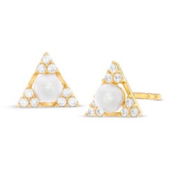 3mm Cultured Freshwater Pearl and Cubic Zirconia Triangle Stud Earrings in 10K Gold