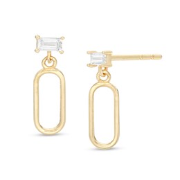 Sideways Baguette Cubic Zirconia Open Oval Drop Earrings in 10K Gold