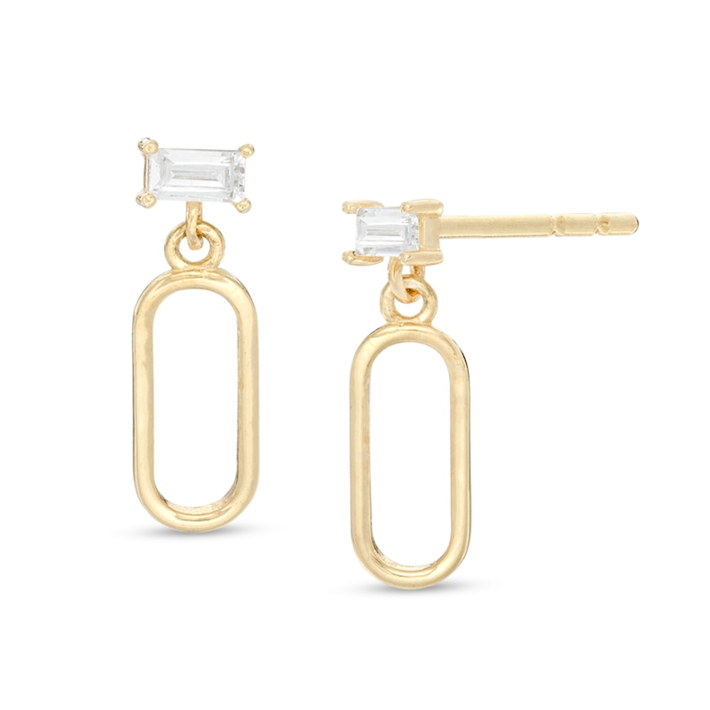 Sideways Baguette Cubic Zirconia Open Oval Drop Earrings in 10K Gold
