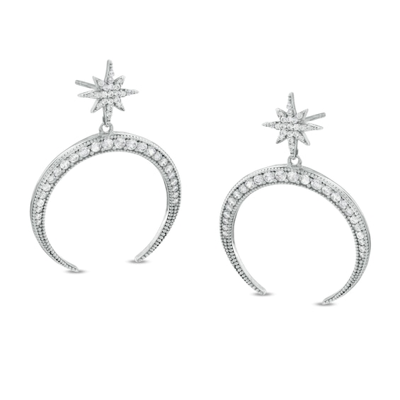 Cubic Zirconia Crescent Moon and North Star Drop Earrings in Sterling Silver