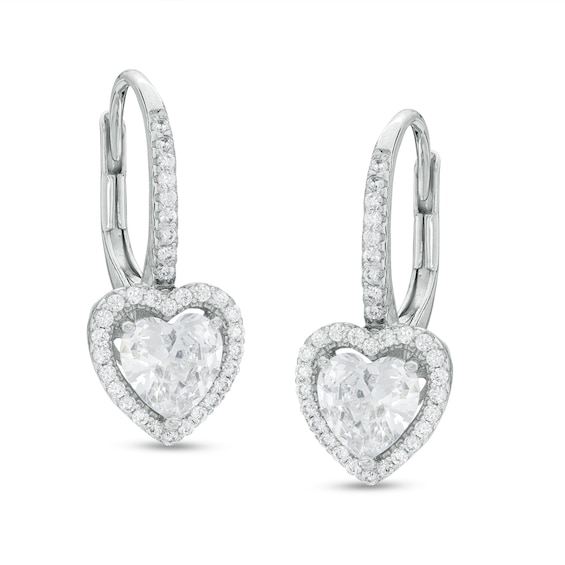 Heart-Shaped Cubic Zirconia Frame Drop Earrings in Sterling Silver