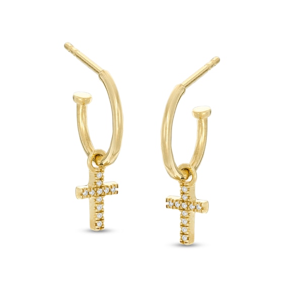 1/20 CT. T.W. Diamond Cross Huggie Hoop Earrings in 10K Gold