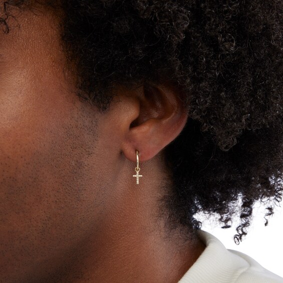 10K Gold 1/20 CT. T.W. Diamond Cross Dangle Hoops