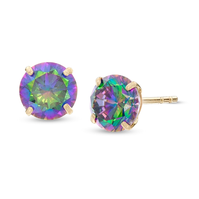 6mm Rainbow Green Cubic Zirconia Solitaire Stud Earrings in 14K Gold