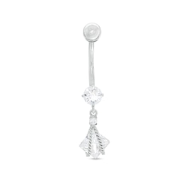 014 Gauge Square and Round Cubic Zirconia Flower Rope Dangle Belly Button Ring in 10K Semi-Solid White Gold