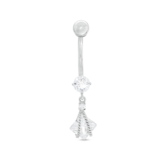 10K Gold CZ Square and Round Rope Dangle Belly Button Ring