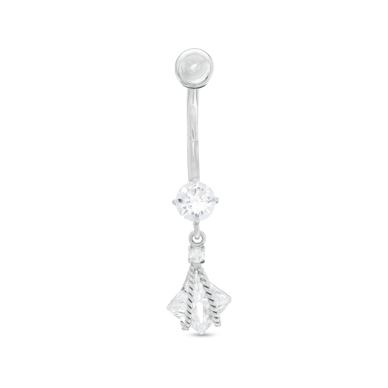 10K Gold CZ Square and Round Rope Dangle Belly Button Ring