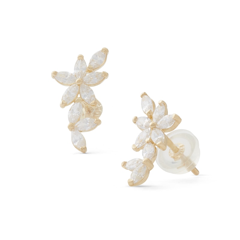 Cubic Zirconia Flower Cluster Stud Earrings in 10K Solid Gold