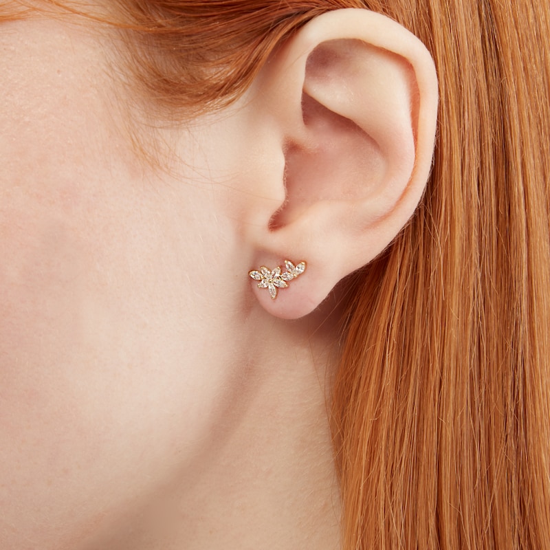 Cubic Zirconia Flower Cluster Stud Earrings in 10K Solid Gold