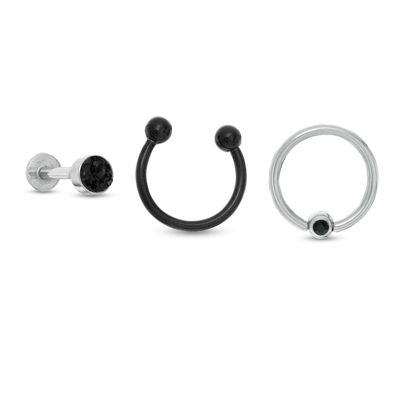 016 Gauge Black Cubic Zirconia Three Piece Ring and Barbell Set in Stainless Steel and Black IP