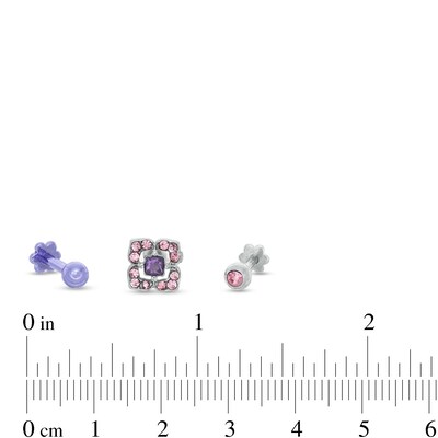 018 Gauge Princess-Cut Purple and Round Pink Cubic Zirconia Cartilage Barbell Set in Stainless Steel and Purple IP