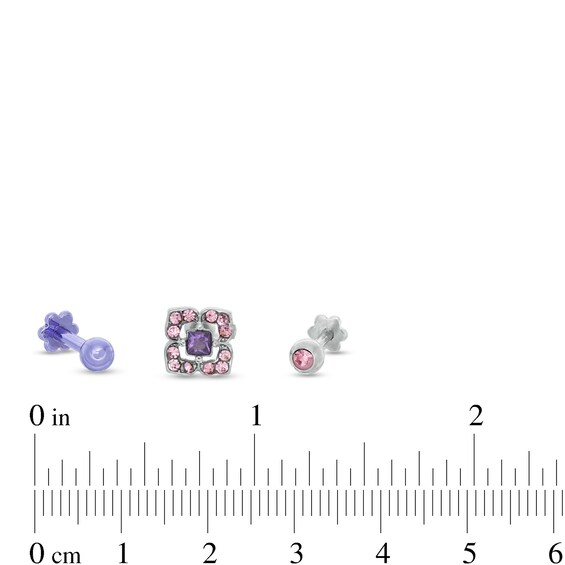 018 Gauge Princess-Cut Purple and Round Pink Cubic Zirconia Cartilage Barbell Set in Stainless Steel and Purple IP