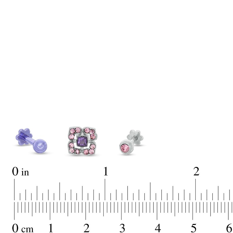018 Gauge Princess-Cut Purple and Round Pink Cubic Zirconia Cartilage Barbell Set in Stainless Steel and Purple IP