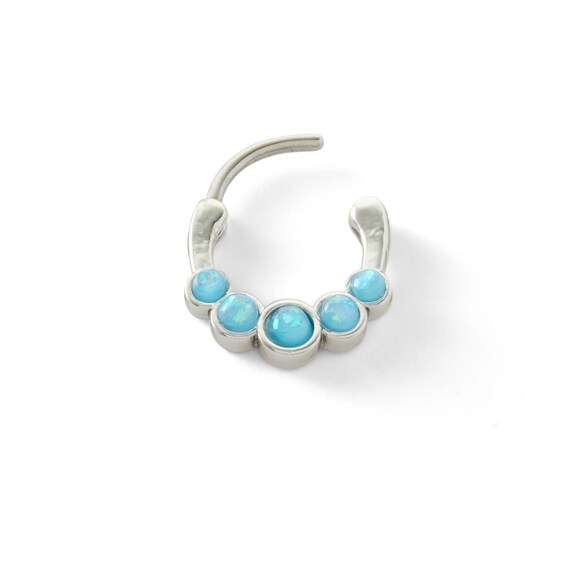 Stainless Steel CZ and Lab-Created Blue Opal Five Stone Hoop - 18G 5/16"