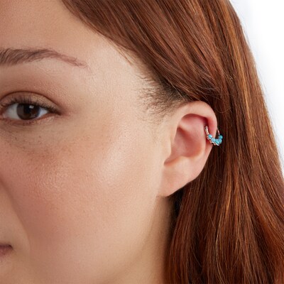 Stainless Steel CZ and Lab-Created Blue Opal Five Stone Hoop - 18G 5/16"
