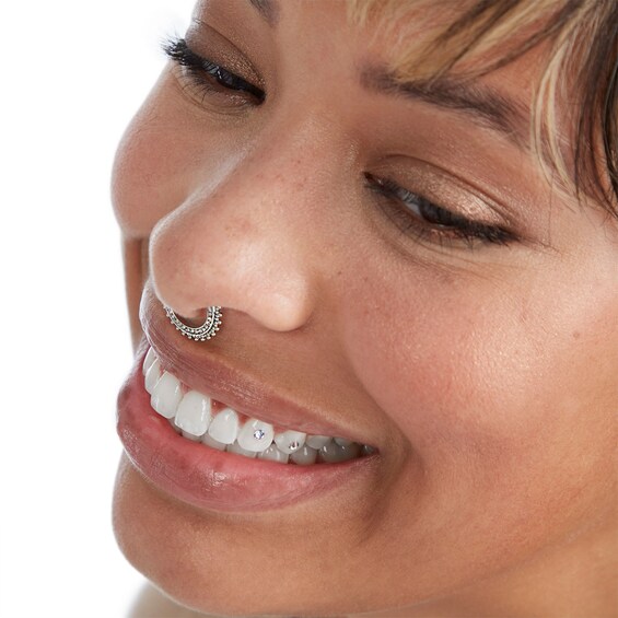 Solid Stainless Steel CZ Beaded Hoop - 16G 3/8"