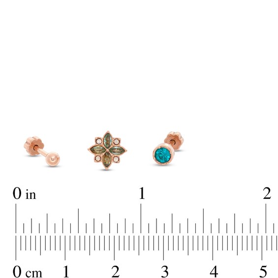 018 Gauge Blue, Green and Iridescent Cubic Zirconia Cartilage Barbell Set in Stainless Steel with Rose IP