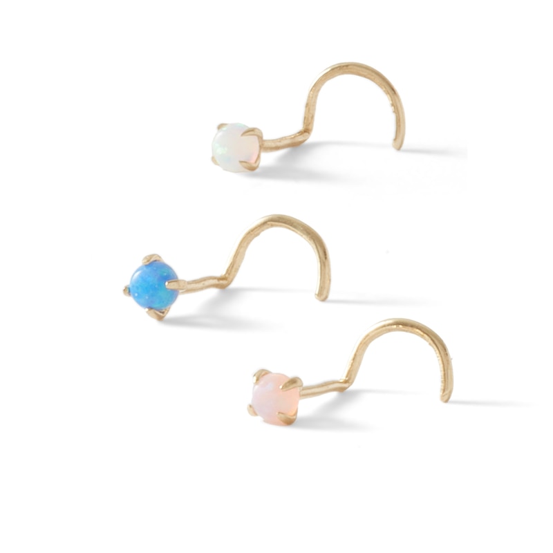 14K Semi-Solid Gold Lab-Created Opal Three Piece Screw Nose Stud Set - 22G