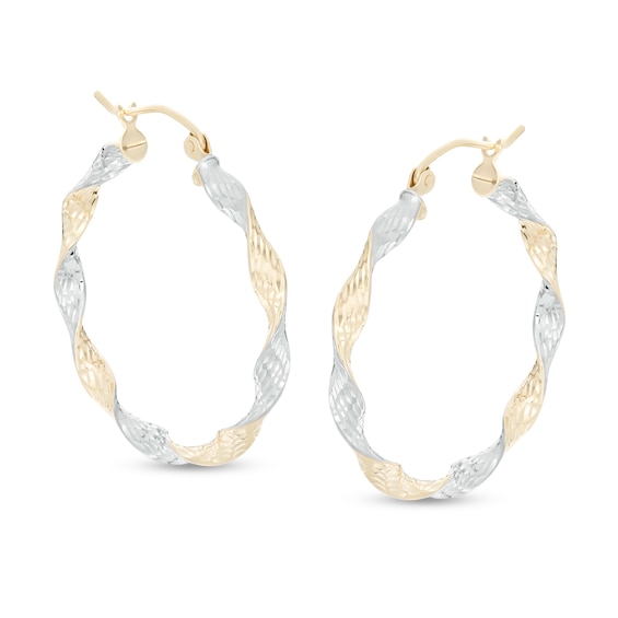 30mm Diamond-Cut Twist Hoop Earrings in 14K Tube Hollow Two-Tone Gold