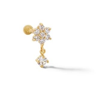 14K Tube Gold CZ Flower Dangle Stud - 18G 5/16"