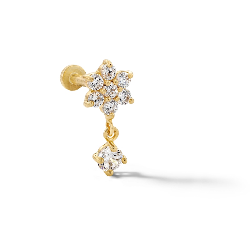 14K Tube Gold CZ Flower Dangle Stud - 18G 5/16"