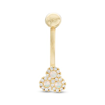 014 Gauge Simulated Opal and Cubic Zirconia Three Stone Belly Button Ring in 10K Gold