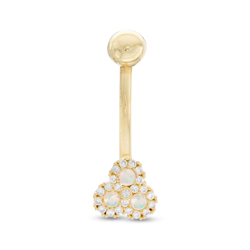 014 Gauge Simulated Opal and Cubic Zirconia Three Stone Belly Button Ring in 10K Gold