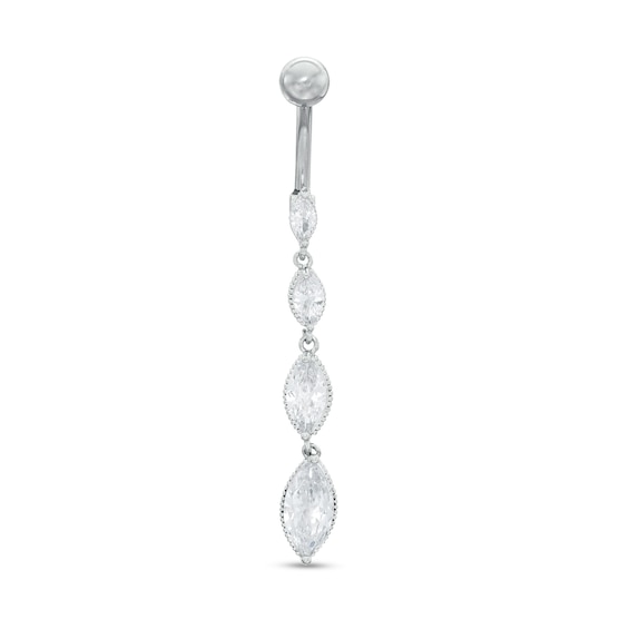 Solid Stainless Steel and Brass CZ Marquise Beaded Graduating Four Stone Dangle Belly Button Ring - 14G