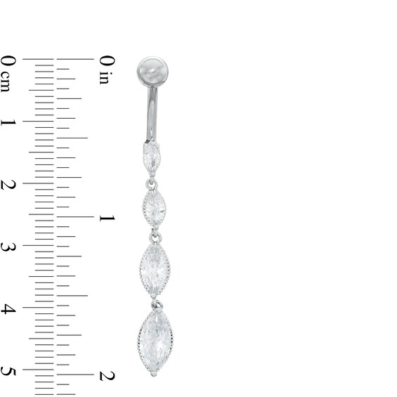 Solid Stainless Steel and Brass CZ Marquise Beaded Graduating Four Stone Dangle Belly Button Ring - 14G