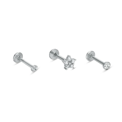 Solid Stainless Steel CZ Three Piece Stud Set - 16G 5/16"