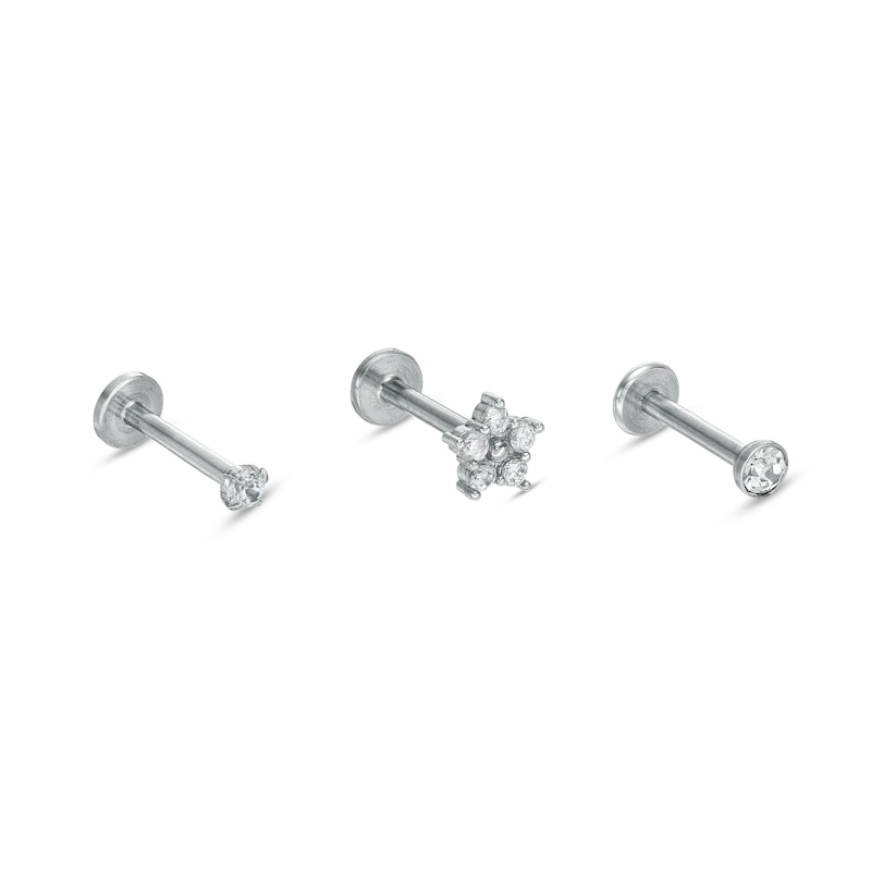 Solid Stainless Steel CZ Three Piece Stud Set - 16G 5/16"