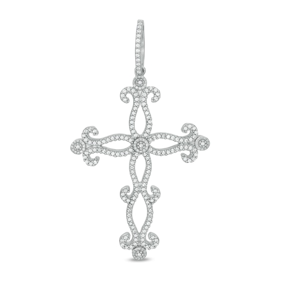 Cubic Zirconia Ornate Cross Necklace Charm in Sterling Silver