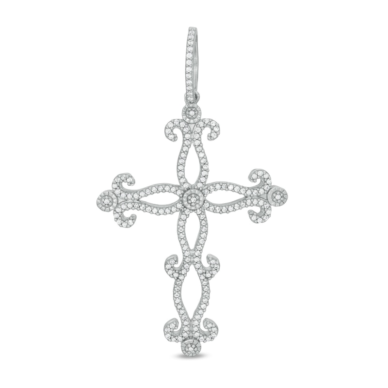 Cubic Zirconia Ornate Cross Necklace Charm in Sterling Silver