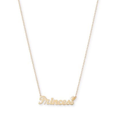 Cursive "Princess" with Crown Necklace in 10K Gold - 20"