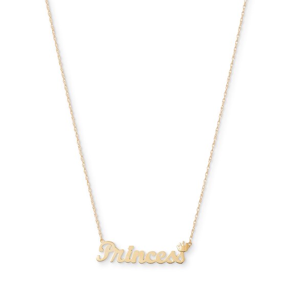 Cursive "Princess" with Crown Necklace in 10K Gold - 20"