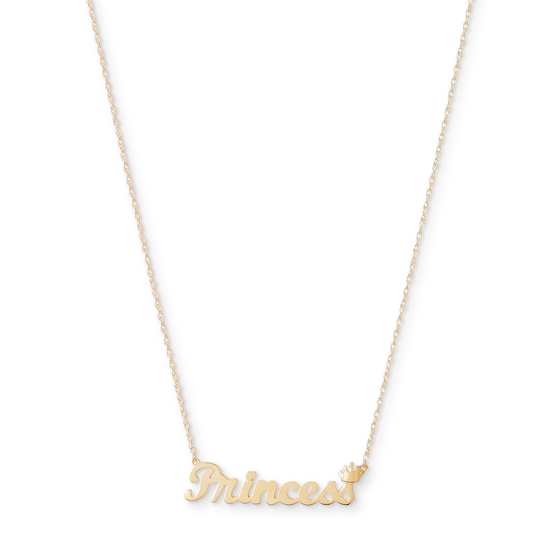Main Image 1 of Cursive "Princess" with Crown Necklace in 10K Gold - 20"