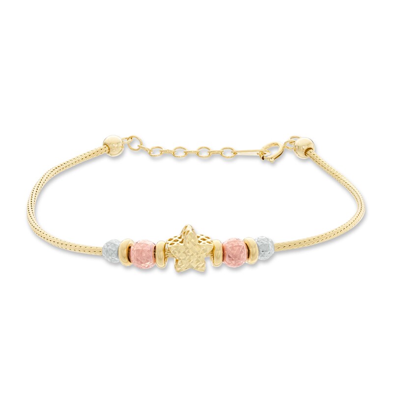 017 Gauge Diamond-Cut Star Shaped and Round Beads Bracelet in 10K Tri-Tone Gold - 7.5"