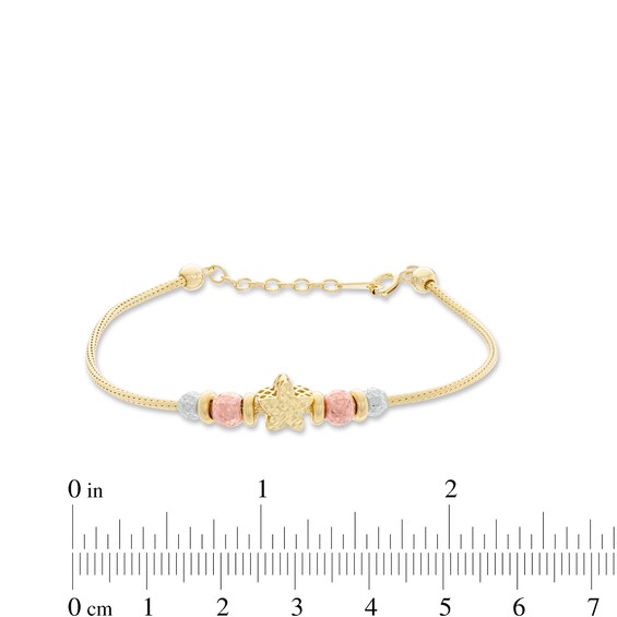 017 Gauge Diamond-Cut Star Shaped and Round Beads Bracelet in 10K Tri-Tone Gold - 7.5"