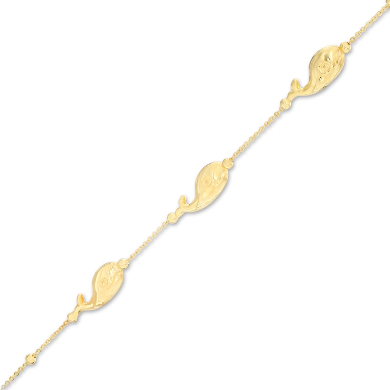 Child's Whale Trio and Bead Station Bracelet in 10K Gold - 6"
