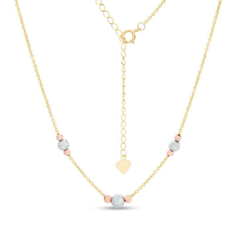 030 Gauge Three Round Beads Station Choker Necklace in 10K Tri-Tone Gold - 16"