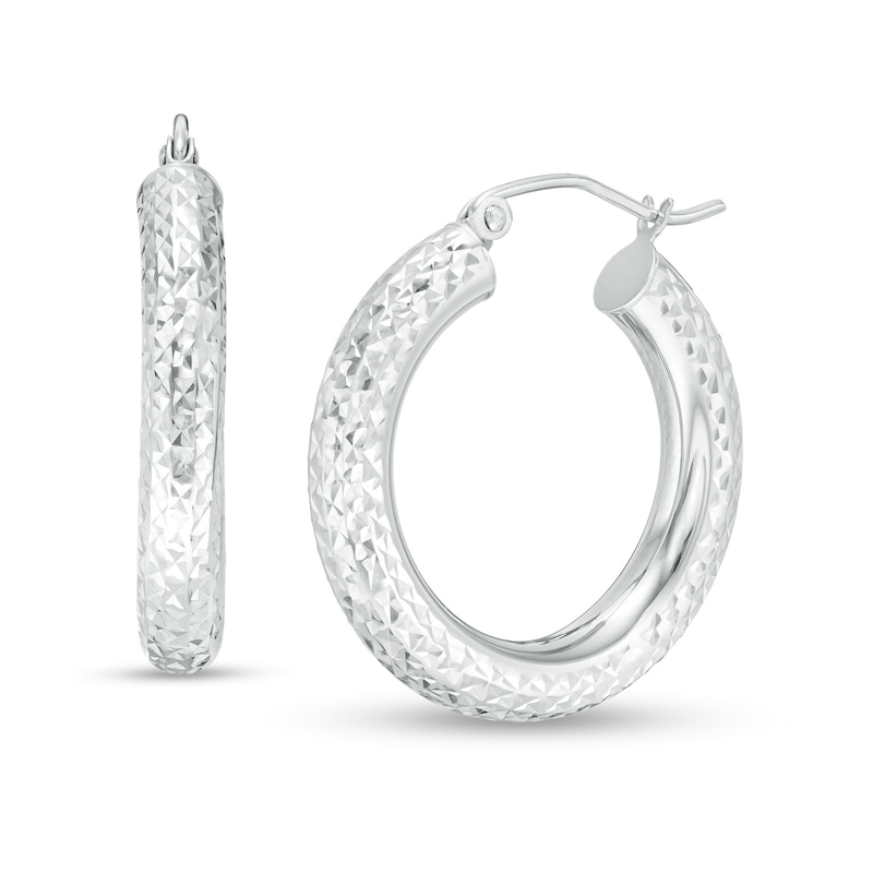 25mm Diamond-Cut Hoop Earrings in 14K Tube Hollow White Gold