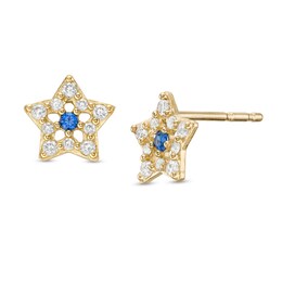 Blue and White Cubic Zirconia Frame Star Stud Earrings in 10K Gold