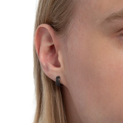 Black Cubic Zirconia Triple Row Huggie Hoop Earrings in Solid Sterling Silver with Black Rhodium