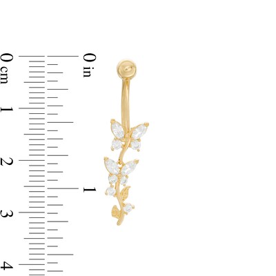 014 Gauge Marquise Cubic Zirconia Double Butterfly Dangle Belly Button Ring in 14K Gold