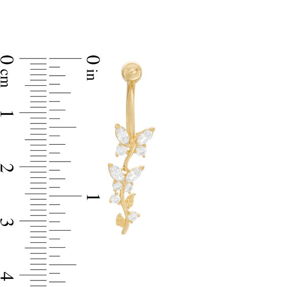 014 Gauge Marquise Cubic Zirconia Double Butterfly Dangle Belly Button Ring in 14K Gold