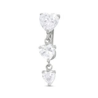 014 Gauge Cubic Zirconia Triple Heart Dangle Belly Button Ring in 10K White Gold