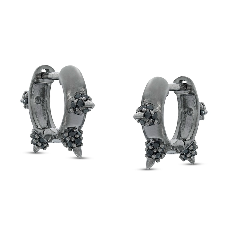 Black Cubic Zirconia Spiked Huggie Hoop Earrings in Sterling Silver with Black Rhodium