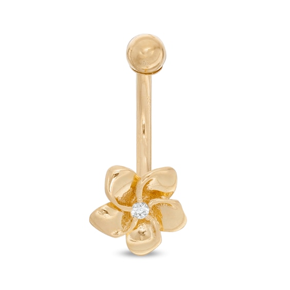 014 Gauge Cubic Zirconia Flower Belly Button Ring in 14K Gold