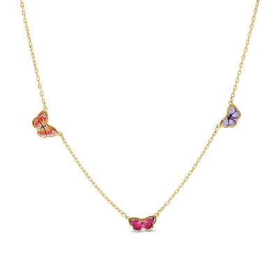 Child's Enamel Butterfly Station Necklace in 10K Gold - 15"