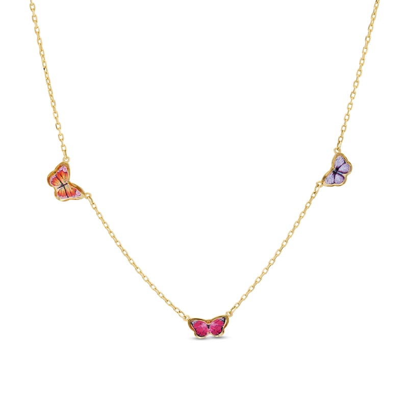 Child's Enamel Butterfly Station Necklace in 10K Gold - 15"